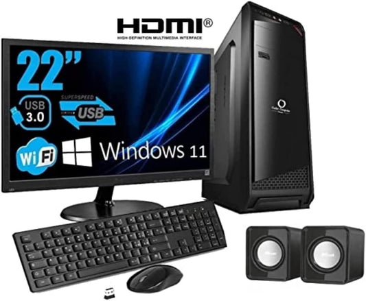 PC Desktop Computer Fisso Intel i5 WiFi HDMI CD/DVD RW Monitor 22" Tastiera E Mouse Casse