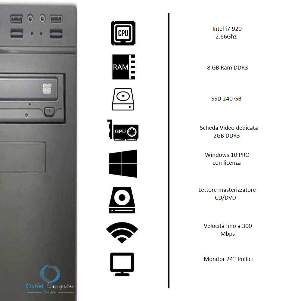 PC Desktop Computer Fisso Intel i5 WiFi HDMI CD/DVD RW Monitor 22" Tastiera E Mouse Casse