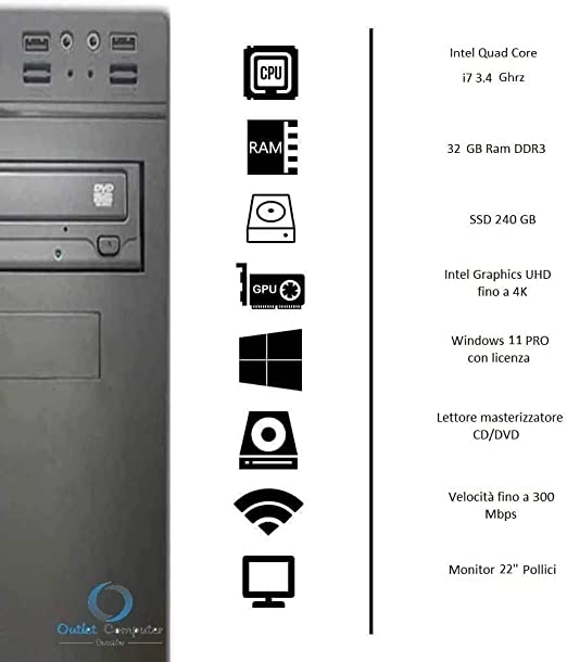 PC Desktop Computer Fisso Intel i7 WiFi HDMI CD/DVD RW Monitor 22" Tastiera E Mouse Casse