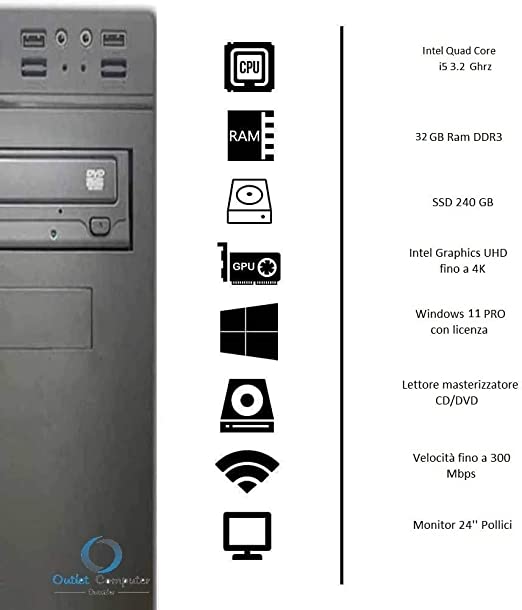 PC Desktop Computer Fisso Intel i5 WiFi HDMI CD/DVD RW Monitor 24" Tastiera E Mouse Casse