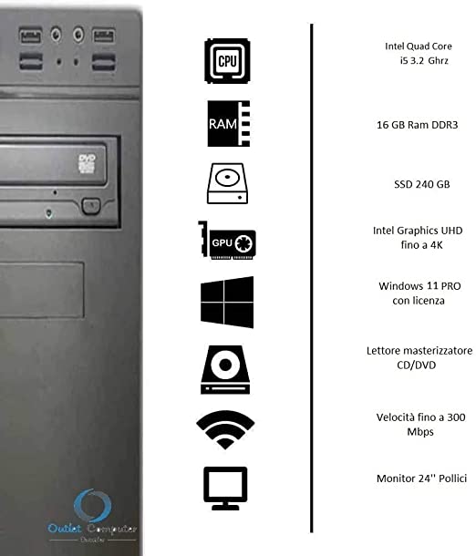 PC Desktop Computer Fisso Intel i5 WiFi HDMI CD/DVD RW Monitor 27" Tastiera E Mouse Casse