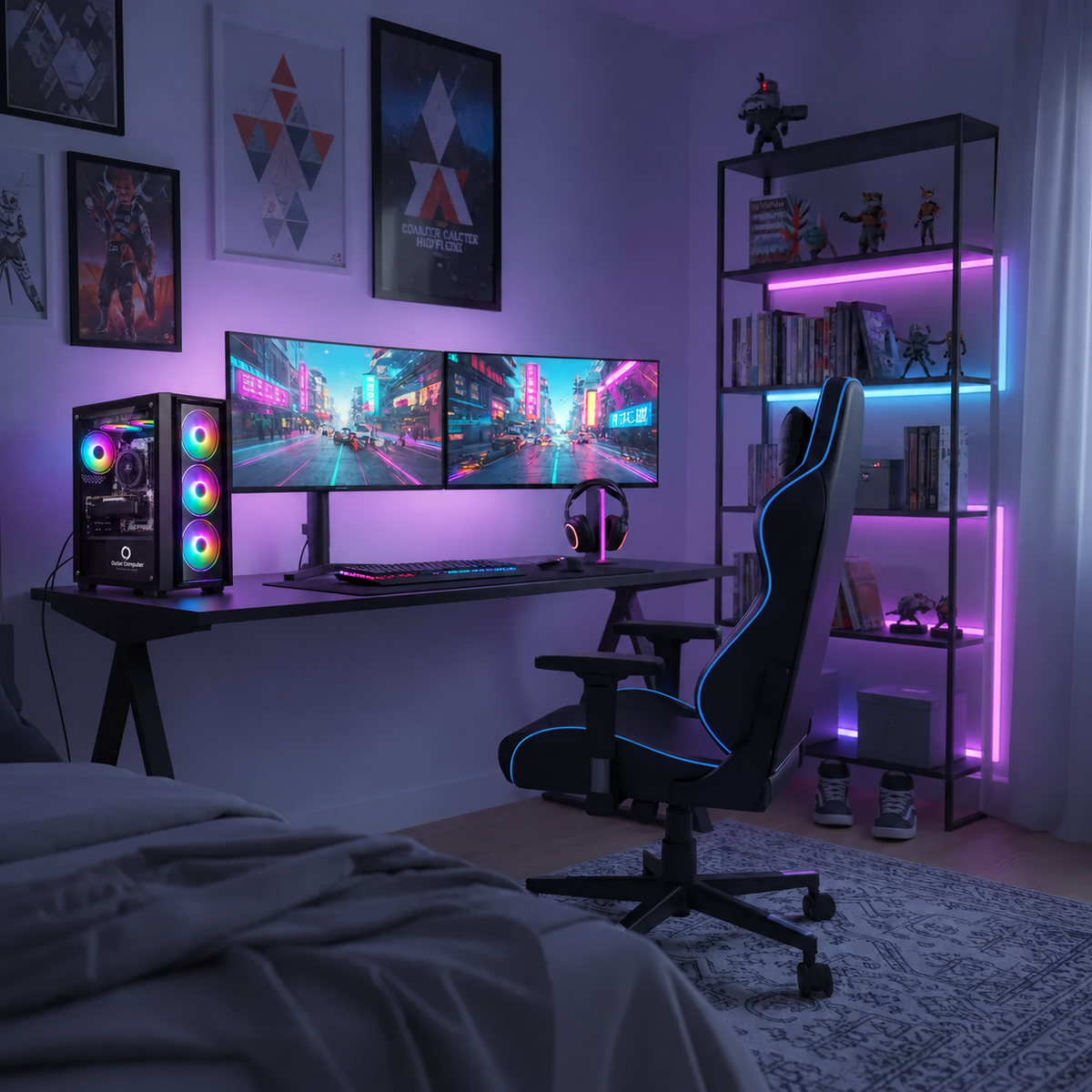 Computer Gaming EAGLE nero in postazione gaming con tre ventole RGB frontali