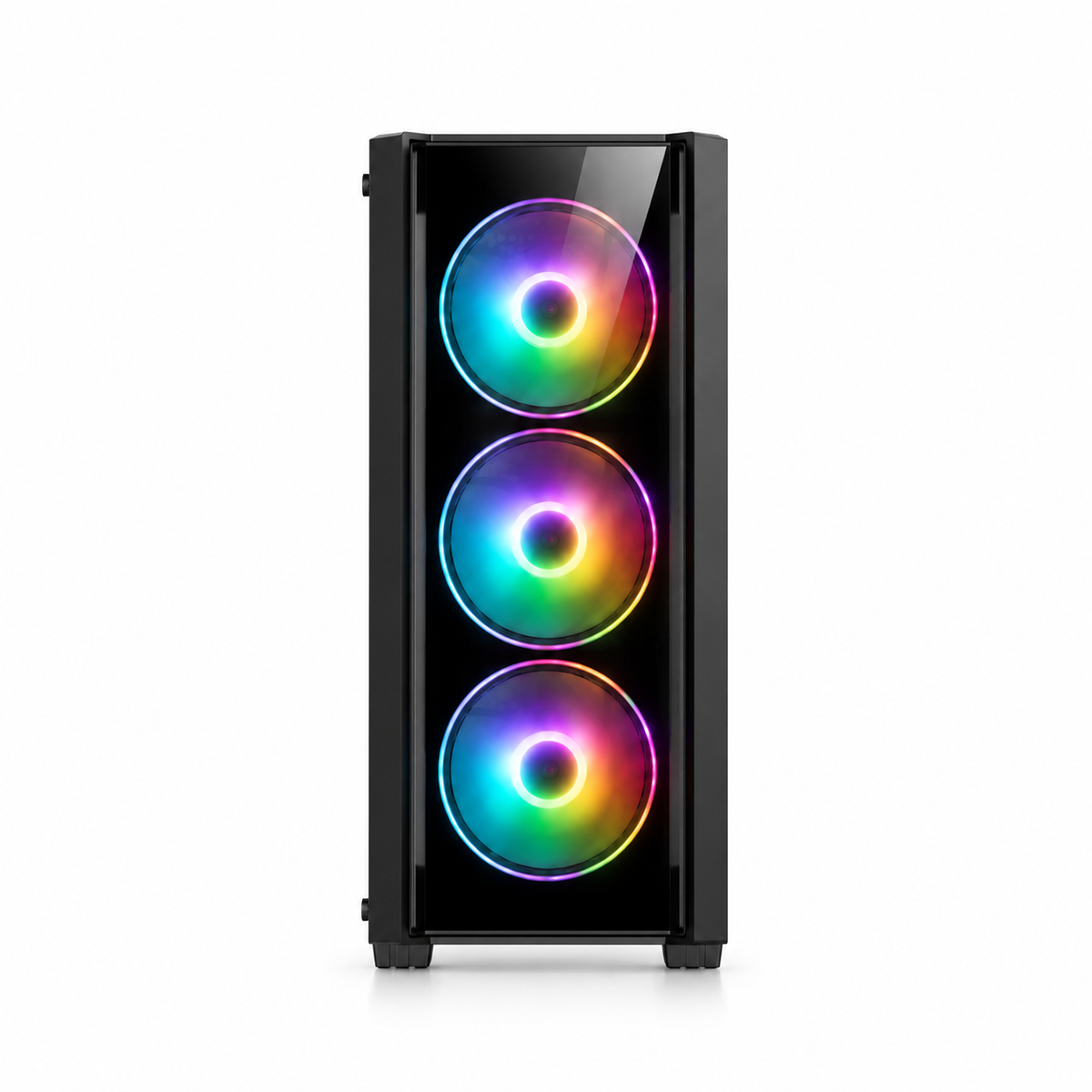 Vista frontale del case EAGLE nero con ventole RGB